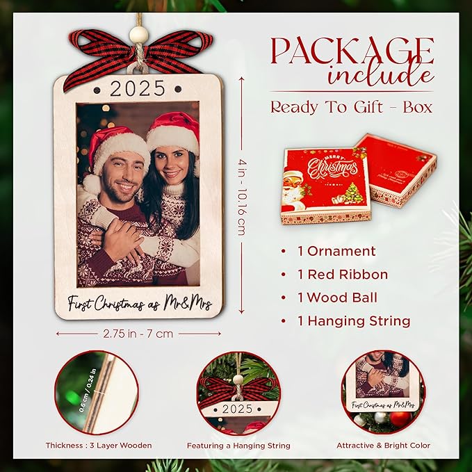 First Christmas As Mr And Mrs 2025 Picture Frame Ornament - Wedding Gifts for Newlyweds - First Christmas Married Ornament 2025 - Newlyweds Gifts For Couples - Mr And Mrs Wedding Gift - Portrait Frame