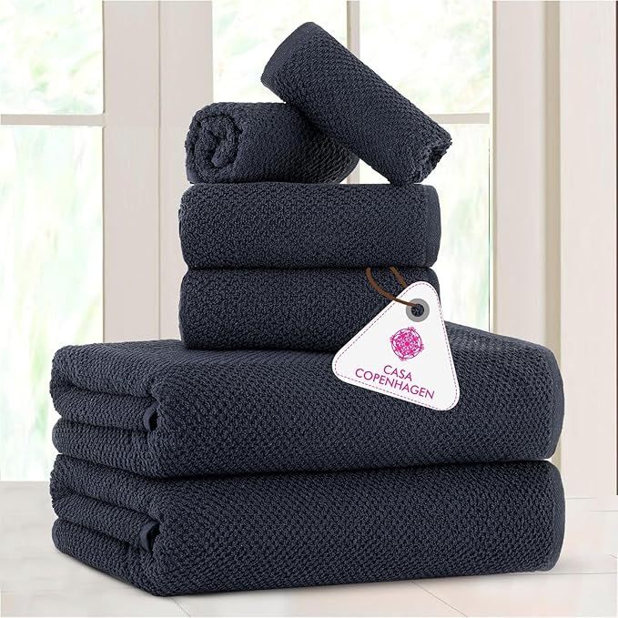 CASA COPENHAGEN Popcorn Textured 6 Pieces Towel Set- Navy Blue, 550 GSM 2 Bath Towel 2 Hand Towel 2 Washcloth, Rough & Tough Use Cotton Towels Gift Set for Bathroom
