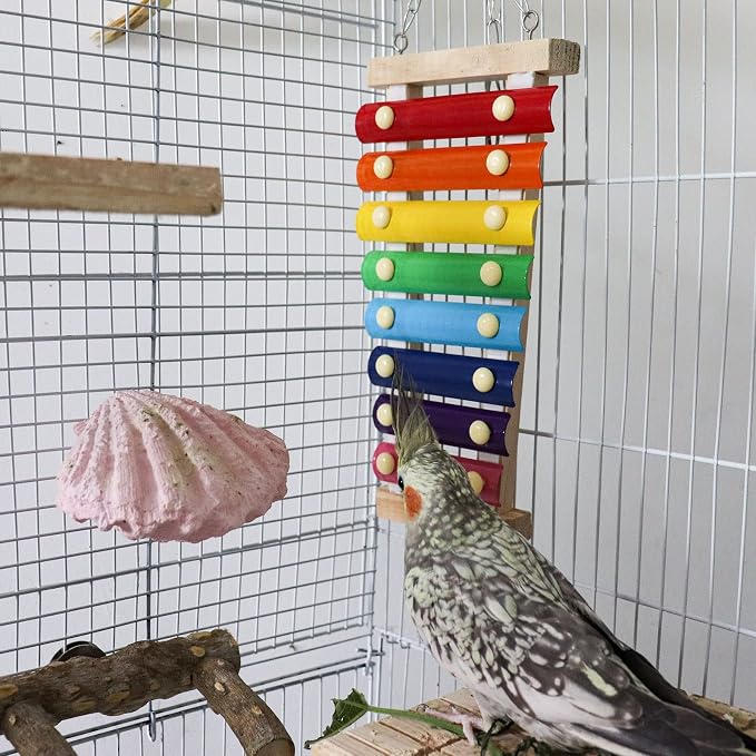 Dnoifne Colorful Bird Xylophone Toy, Suspensible Funny Xylophone Toy with 8 Metal Keys, Cage Accessories for Chicken Birds Parrots Parakeets Cockatiels Budgies Love Birds