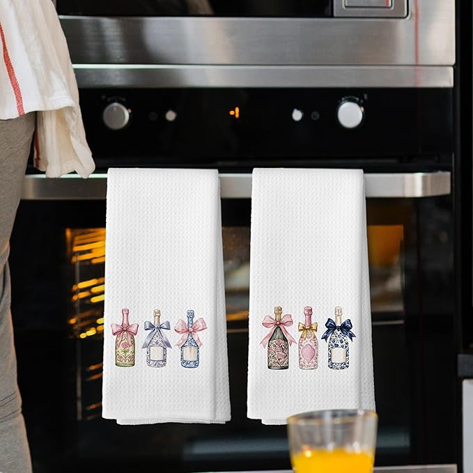 Chinoiserie Champagne Bow Kitchen Towels Set of 2, Champagne Accessories Bar Bathroom Decor, Grandmillennial Decor, Champagne Gifts for Women Bachelorettes Decorative Tea Towels 16x24 Inch