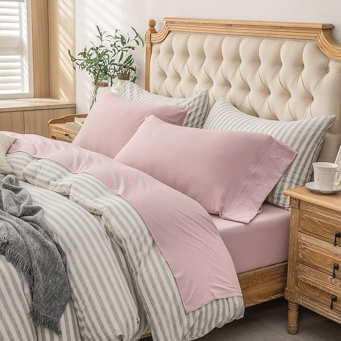 PURE ERA Jersey Knit 4pc Bed Sheet Set 100% T-Shirt Cotton Super Soft Comfy Breathable Fits Mattress Up to 20" Extra Deep Pocket (Solid Light Pink, King)