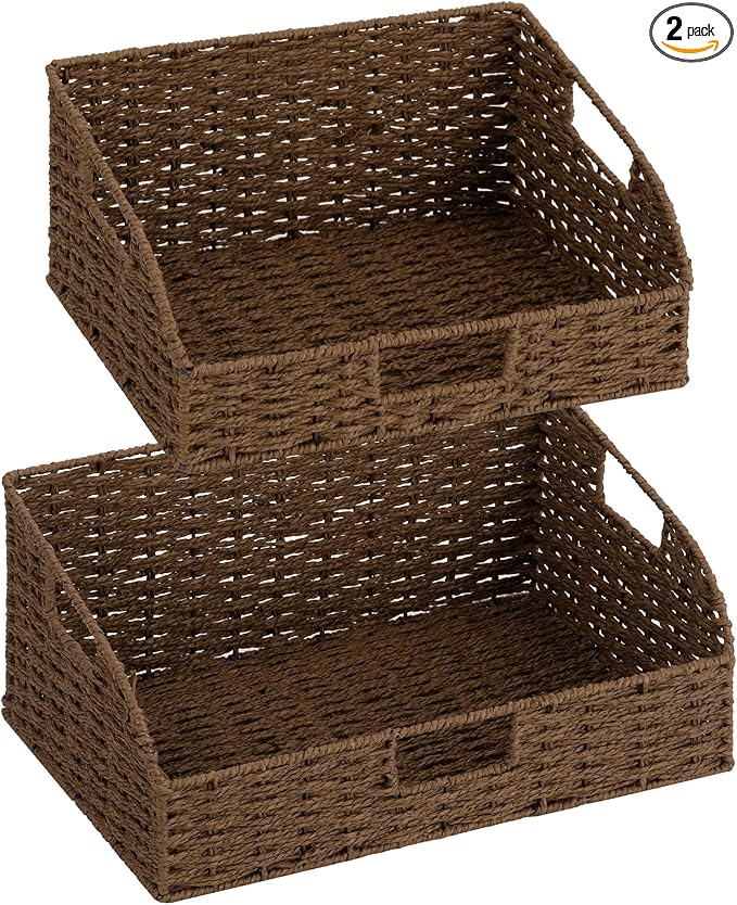 StorageWorks Pantry Baskets for Organizing, Paper Rope Storage Baskets for Shelves with Built-in Handles, Pantry Organizers and Storage, Brown, Set of 2 (Large and Medium)