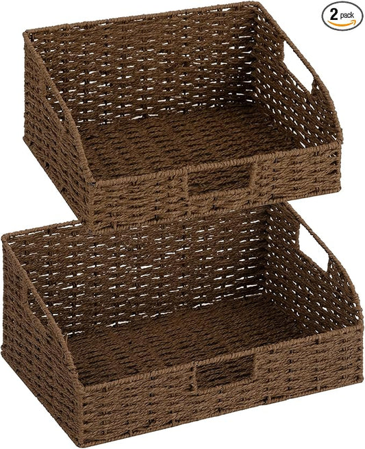 StorageWorks Pantry Baskets for Organizing, Paper Rope Storage Baskets for Shelves with Built-in Handles, Pantry Organizers and Storage, Brown, Set of 2 (Large and Medium)