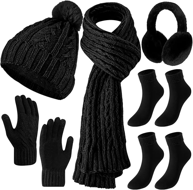 Geyoga 6 Pcs Winter Warm Set for Women Warm Beanies Hats Touchscreen Gloves Long Scarf Ear Muffs Socks Winter Gifts for Women