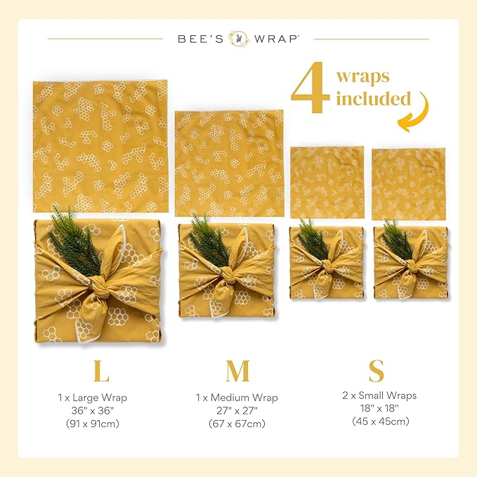 Bee's Wrap Furoshiki Reusable Cotton Fabric Wrapping Paper - Mustard Honeycomb Pack of 4 Gift Wraps - Gift Wrapping Supplies - Eco Friendly Alternative to Bags and Paper Rolls