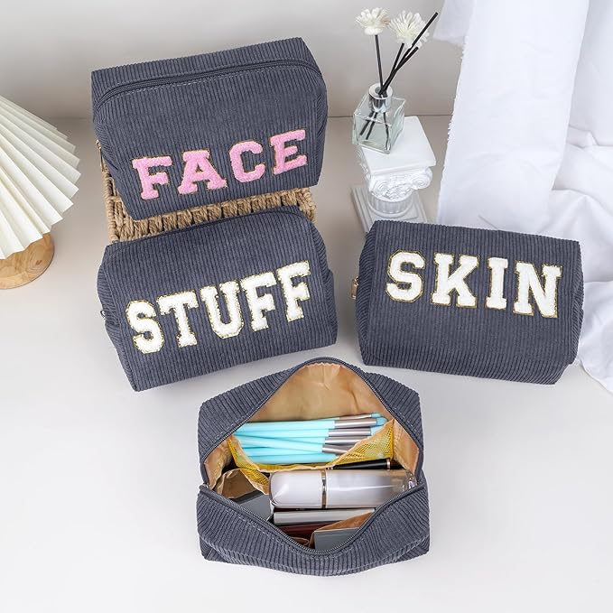 MAGEFY Small Makeup Bag for Purse Portable Makeup Pouch with Compartments Corduroy Make up Bag for Women Travel Cosmetic Essential (Dark Gray, SKIN)