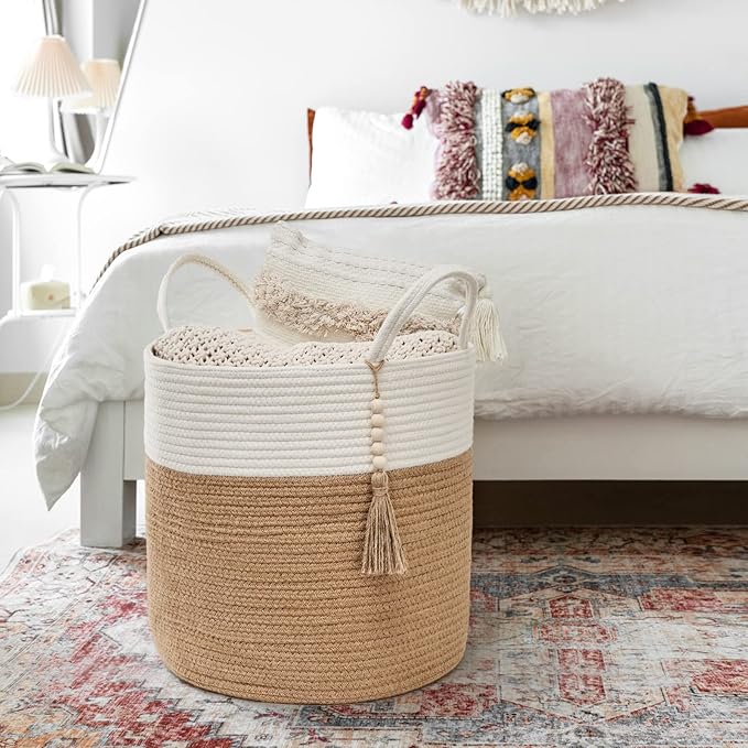 Mkono Woven Storage Basket Decorative Rope Basket Wooden Bead Decoration for Blankets,Toys,Clothes,Shoes,Plant Organizer Bin with Handles Living Room Home Decor, 15"W x 17.7”L, Cream White and Brown