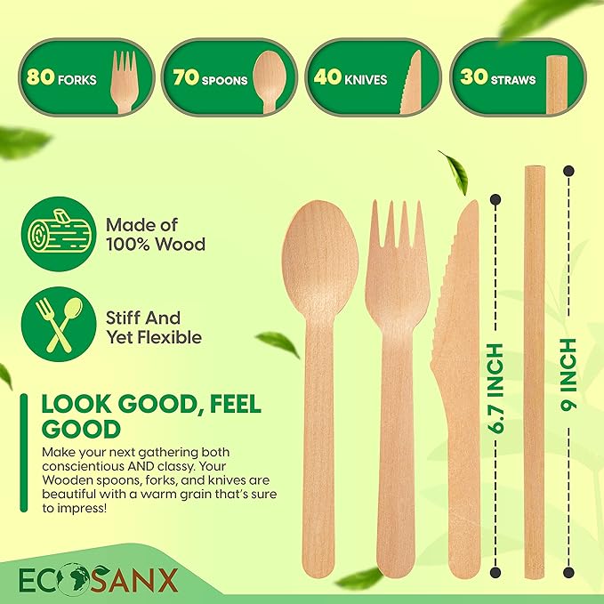 Bamboo Cutlery Set - Wooden Utensils for Eating - Disposable Wooden Cutlery set of 220 (80 Forks 70 Spoons 40 Knives 30 Straws) Bamboo Disposable Utensils - ECO Friendly Compostable Utensil for Party