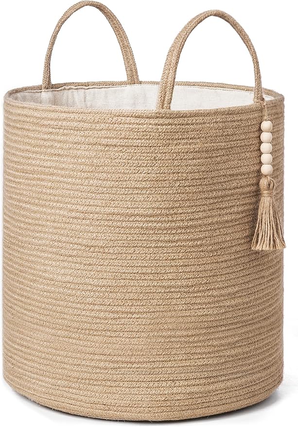 Mkono Tall Wicker Laundry Basket Woven Storage Basket Decorative Natural Rope Basket Wooden Bead Decoration for Blankets,Toys,Clothes,Shoes,Plant Organizer Bin with Handles Living Room 15" Wx17.7 L