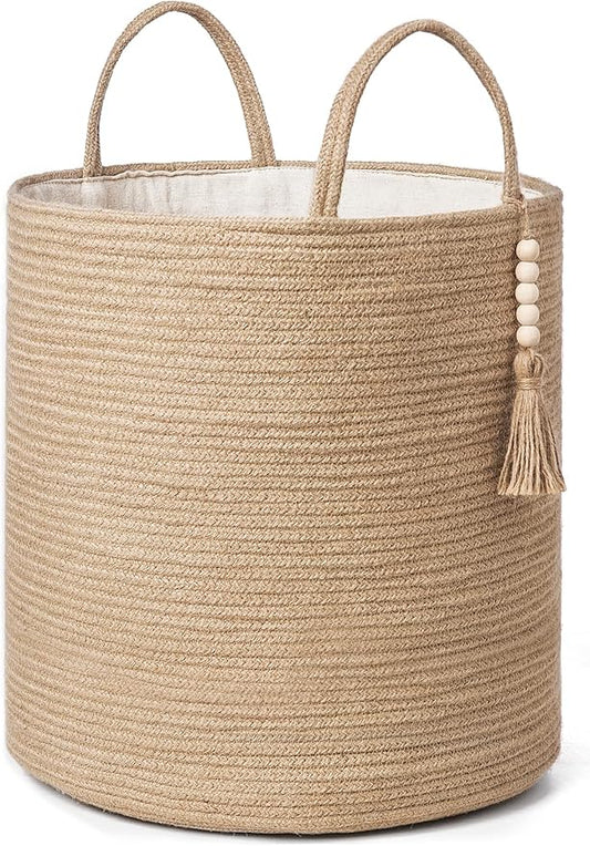 Mkono Tall Wicker Laundry Basket Woven Storage Basket Decorative Natural Rope Basket Wooden Bead Decoration for Blankets,Toys,Clothes,Shoes,Plant Organizer Bin with Handles Living Room 15" Wx17.7 L