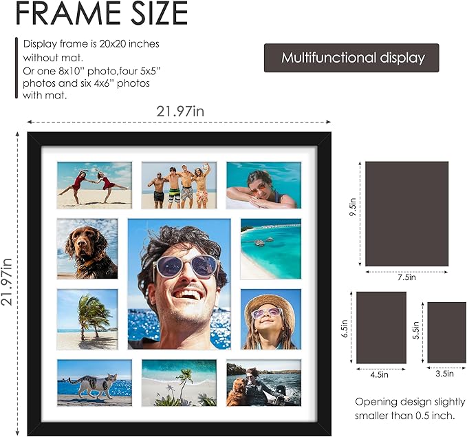 20x20 Collage Picture Frames Display One 8x10 Inch and Six 4x6 and Four 5x5 Photos Collage Wall Decor Wall Hanging or Tabletop Black