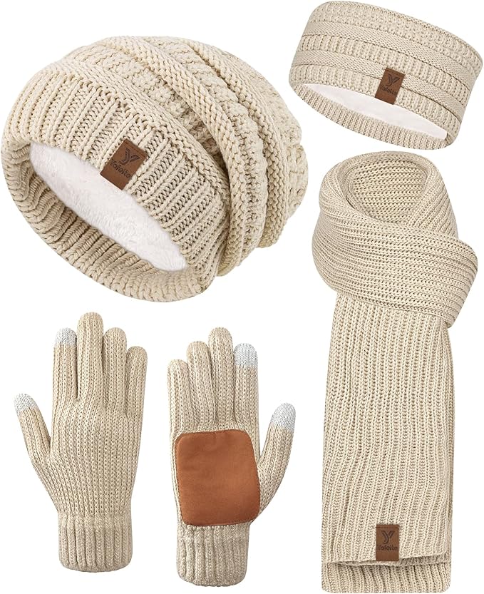 Women Beanie Scarf Gloves Headband Set, Winter Fleece Lined Hat Ear Warmer Knit Scarf Women Gloves Gift Set 4 in 1