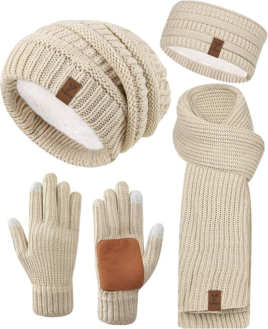 Women Beanie Scarf Gloves Headband Set, Winter Fleece Lined Hat Ear Warmer Knit Scarf Women Gloves Gift Set 4 in 1
