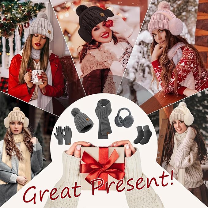 UMIPUBO Winter Beanie Hats Scarf Touch Screen Gloves Fuzzy Socks Ear Muffs 5pcs Set for Women Winter Ski Outing Set