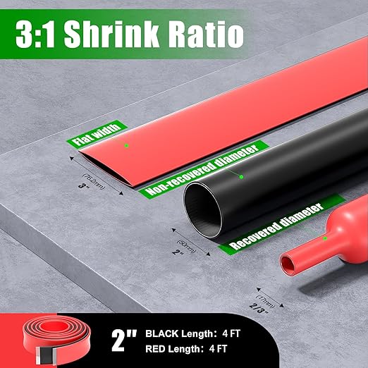 ELECFUN 2 Inch 8 Ft Heat Shrink Tubing Roll, 3:1 Large Marine Grade Adhesive Lined Heatshrink Tube, Waterproof Dual Wall Wiring Wrap Seal Against Moisture Corrosion Air Leakage (4 ft Black & 4 ft Red)