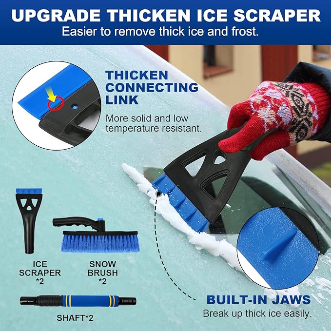 BFONS 2Pack Ice Scrapers for Car Windshield, 2-in-1 Snow Scraper and Snow Brush for Car SUV Truck, Car Ice Windshield Scraper for Ice and Snow with 360° Pivoting Brush and Ergonomic Foam Grip Blue