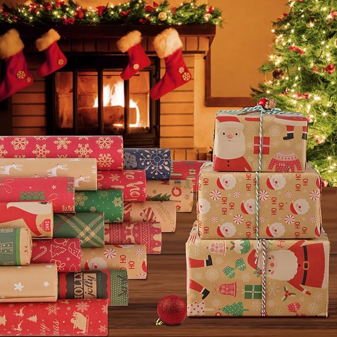 AhfuLife 2 Rolls Christmas Wrapping Paper - 17 Inch × 49.2 Feet Per Roll, Recyclable Santa Claus Kraft Xmas Wrapping Paper Roll for Christmas Gift Box Birthday Party Decoration -138 sq. ft. ttl
