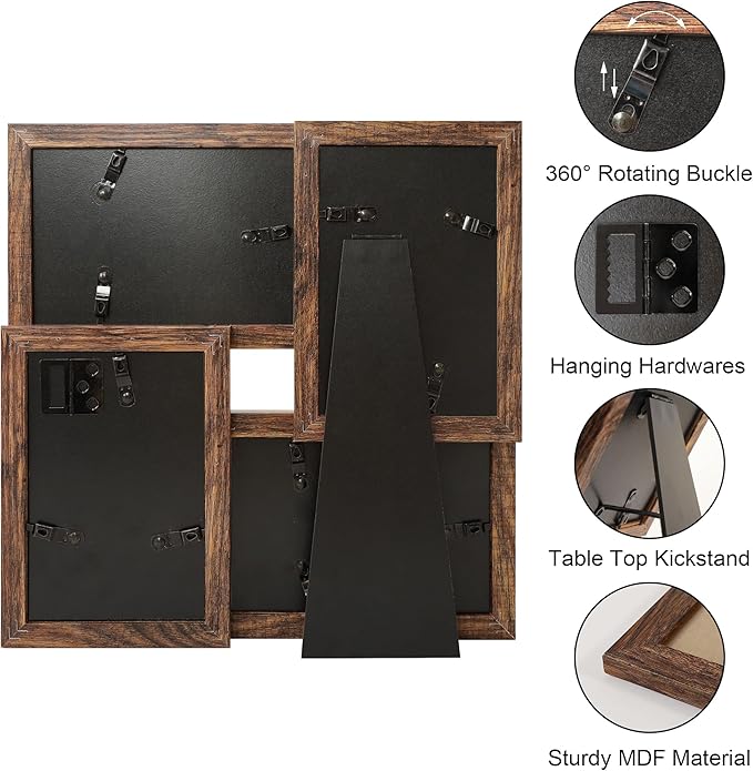 4x6 Collage Picture Frames, Multi Family Photo Frame with Real Glass, Displays Four 4x6 Photo, Wall Decor Wall Hanging or Tabletop, Rustic Brown