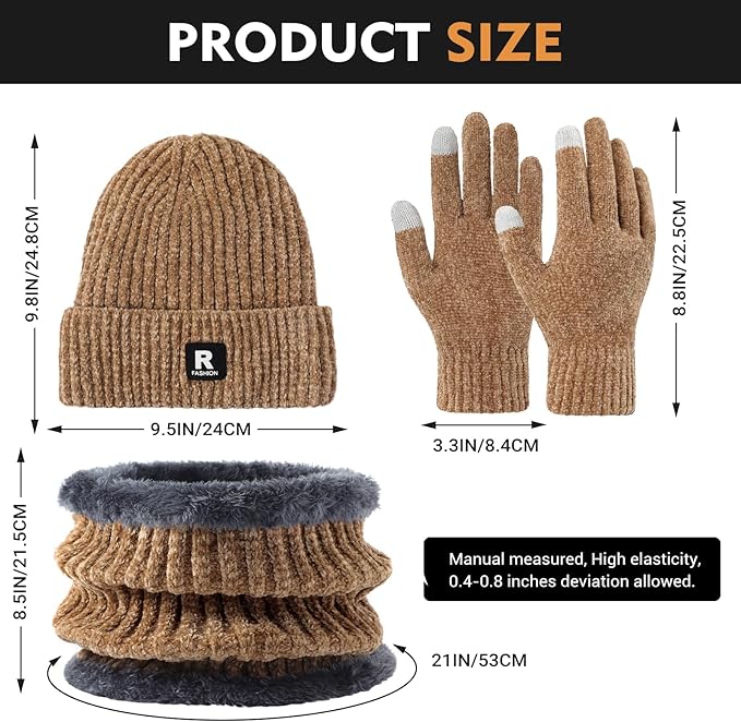 Winter Beanie Hat Circle Scarf Gloves Set for Men Women, Thick Warm Chenille Skull Cap Touchscreen Gloves Neck Warmer