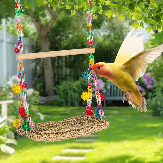 Natural Bird Swing Toys with Wood Perch, Double Layer Bird Seagrass Woven | Climbing Hammock with Chewable Perch Stand Chewing Toy for Parakeets, Budgies, Conures, Cockatiels, Lovebirds