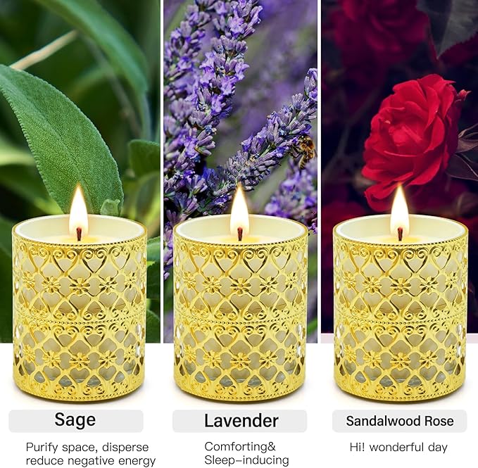 6 Pack Candles for Home Scented Aromatherapy Candles Gifts Set for Women, 3 Pack 120 Hour Long Lasting White Candles with 3 Gold Candle Holders, Mothers Day Gifts for Mom, Birthday Present