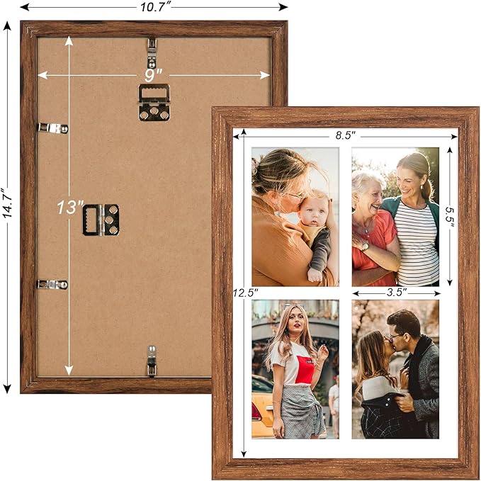 9x13 Collage frame with 4 Openings 4X6 Pictures, Multiple Picture Frame with Mat, Wall or Tabletop Decor, Carbonized Brown Wood Grain (1 Pack)