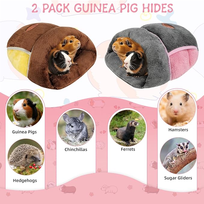 YUEPET 2 Pack Guinea Pig Bed, Slipper Cuddle Sack, Grey & Brown | Guinea Pig House, Portable Guinea Pig Hideout, Soft Coral Fleece Pocket Guinea Bed, Washable Cushion