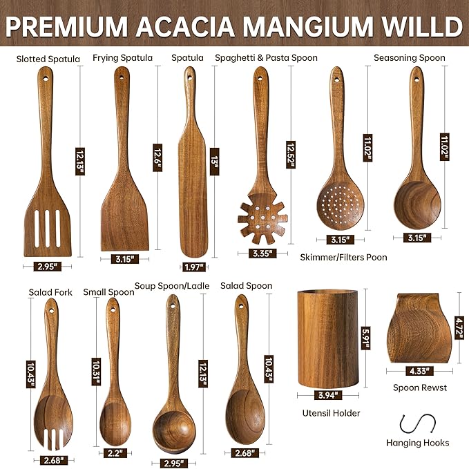 18 PCS Acacia Wooden Spoons for Cooking - Heat-Resistant, Comfort Grip,Easy to Clean, Non-stick Friendly - Kitchen Utensil Set with Holder, Spoon Rest & 6 Hooks, Ideal for Gifting