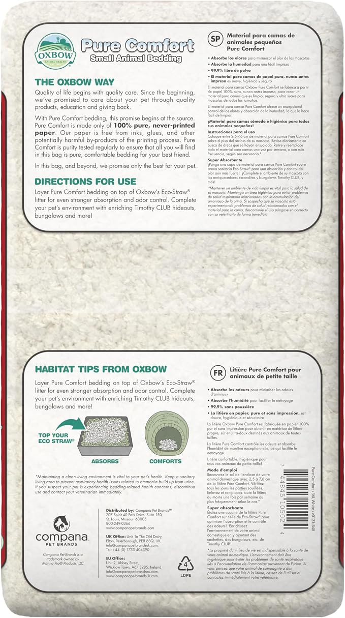 Oxbow Small Animal Bedding, Hamster, Guinea Pig, Rabbit, White, USA, 36 L | Pure Comfort, Hamster Bedding, Guinea Pig Bedding, Low Dust, Virgin Paper, Litter Box, Bunny, Rats, Gerbils, Chinchillas