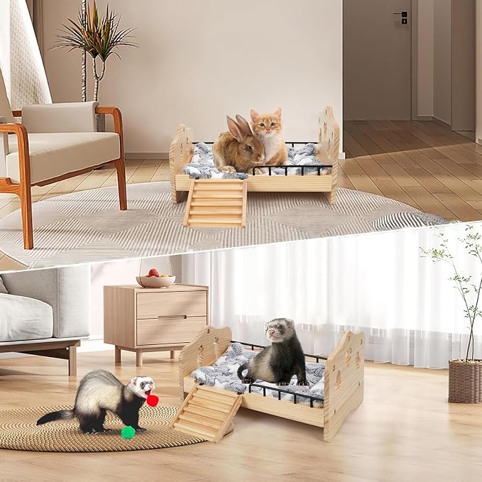 Wooden Bunny Bed 2 in 1 Rabbit Guinea Pig Bed Small Animal Bed with Stairs | With Detachable Stairs Washable Reversible Mat Guinea Pig Toys for Bunnies Chinchillas Hamster Ferret Small Rabbits Bunny