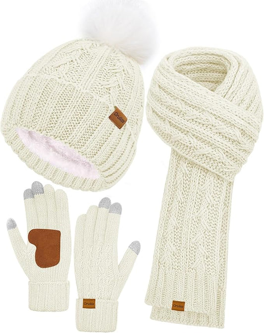 Womens Winter Beanie Hat Scarf Gloves Set, Fleece Lined Knitted Hat with Pompom Long Scarf Touchscreen Mittens for Women Men