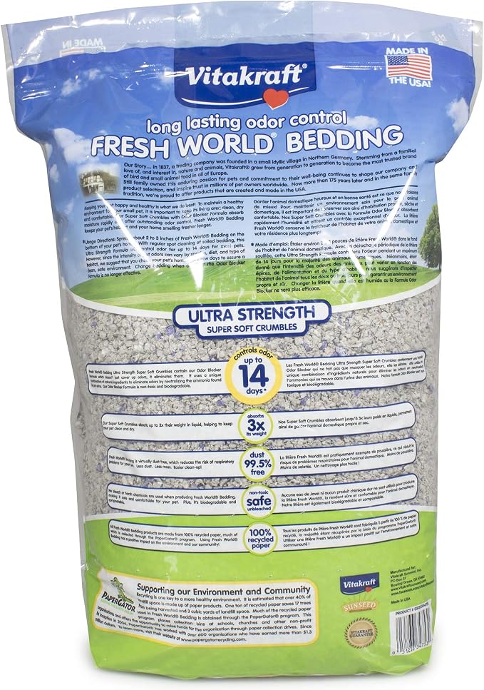 Vitakraft Fresh World Small Animal Bedding - Ultra Strength - Pet Bedding for Litter Boxes and Cages (16 L),Gray, 975 cu in (Pack of 2)