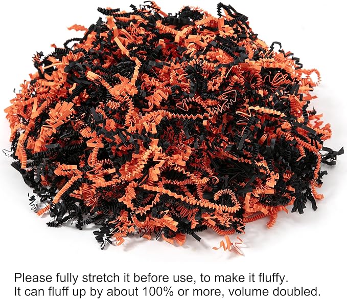 1/2 LB Halloween Crinkle Cut Paper Shred Filler 8 oz Black & Orange Crinkle Shredded Paper for Gift Basket - Gift Box Bag Filler - Grass Cushion Stuffing for Halloween Packaging Wrapping