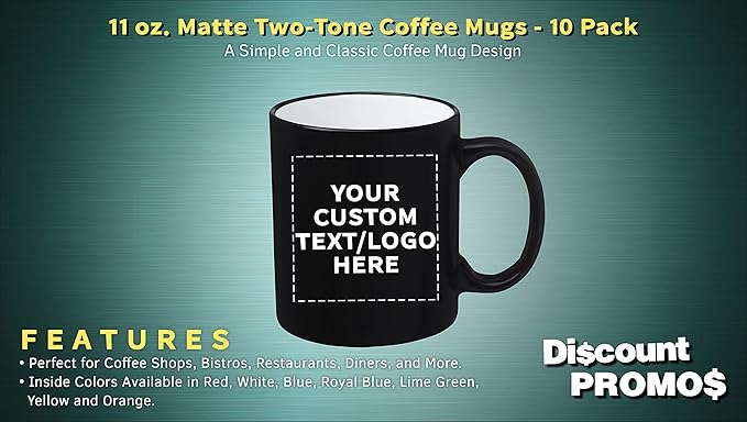 DISCOUNT PROMOS 10 Matte Two-Tone Coffee Mugs Set, 11 oz. - Customizable Text, Logo - Stoneware, Drinkware, Durable, C-handle - White
