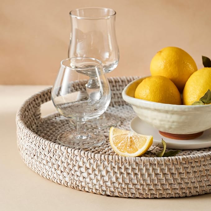 JUNGLE CULTURE Large Rattan Serving Tray 14" in Whitewash • Round Table Basket • Wicker Ottoman Trays with Handles for Coffee Table, Bed Side or Couch • Flat Circle Woven Tray • Boho Farmhouse Decor