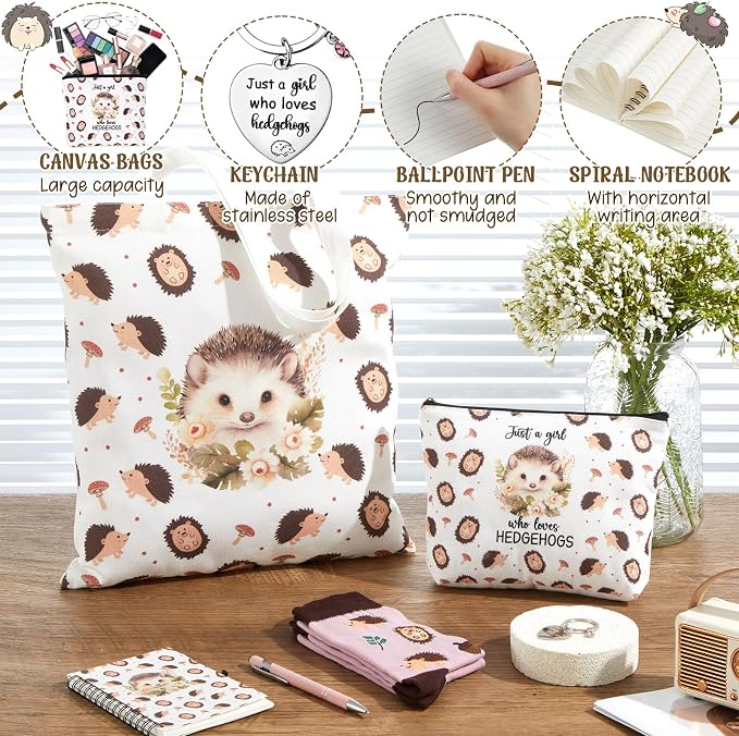 Talltalk 6 Pcs Hedgehog Gifts for Women Hedgehog Lover Gift Set, Socks Canvas Bag Makeup Bag Spiral Notebook Ballpoint Pen and Stainless Steel Keychain for Christmas Birthday Graduation Thanksgiving