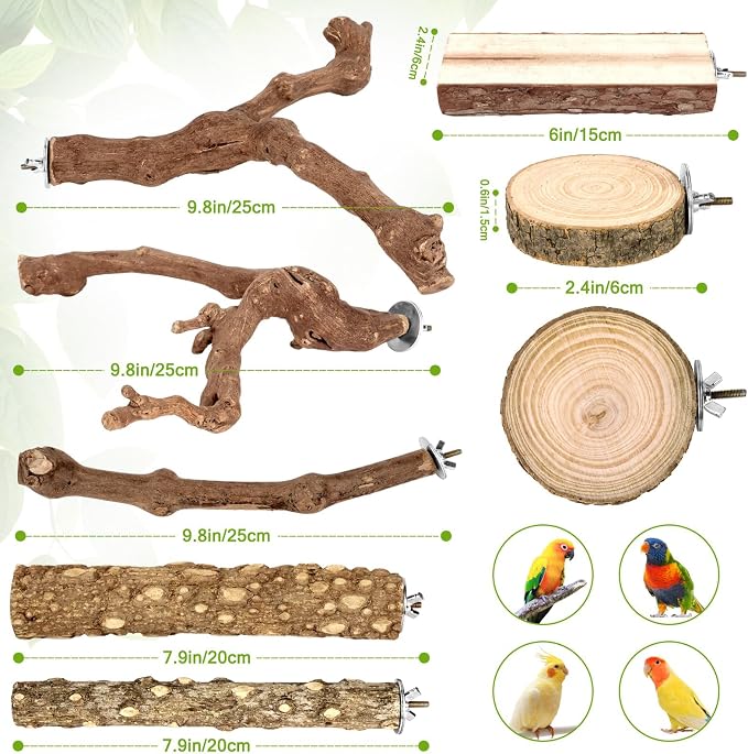 8 Pcs Natural Grape Wood Bird Perch & Platform Set for Cages | Ideal for Small/Medium Birds (Budgies, Conures) | Bark Textures for Foot Health | Tool-Free Wing-Nut | Safe Chewing