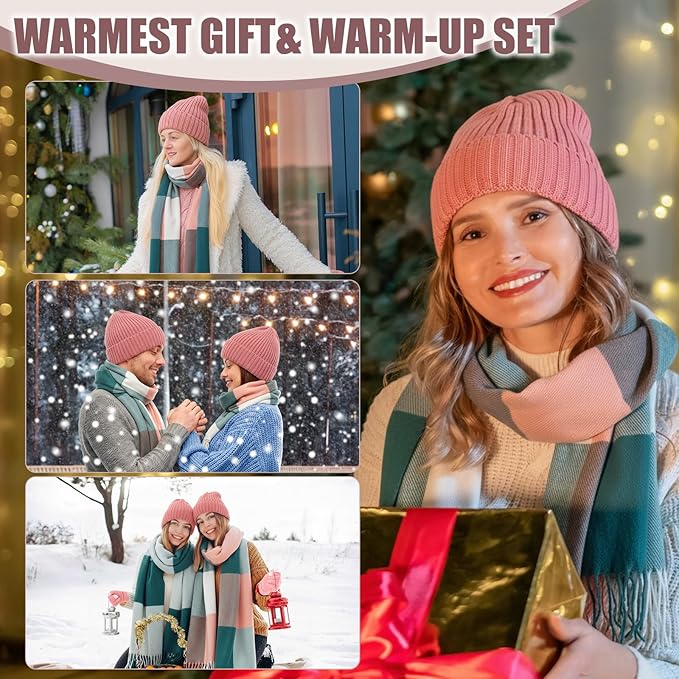 Geyoga 6 Pcs Winter Hat Scarf Gloves Set Knitted Touchscreen Gloves Plaid Scarf Earmuffs Socks Gift for Women Men