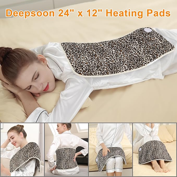Deepsoon Heating Pad,Electric Heating Pads for Back,Neck,Abdomen,Moist Heating Pad for Shoulder,Knee,Arms,Legs,Dry/Moist Heat & Auto Shut Off,Christmas Gifts for Men and Women,Leopard Print,24x12 Inch