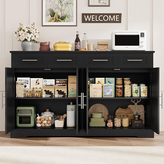 HOSTACK 60" Large Buffet Sideboard with Storage, 36" Tall Kitchen Buffet Storage Cabinet with 4 Drawer, Modern Coffee Bar Cabinet with Silver Handle, Long Sideboard Buffet Table for Kitchen, Black