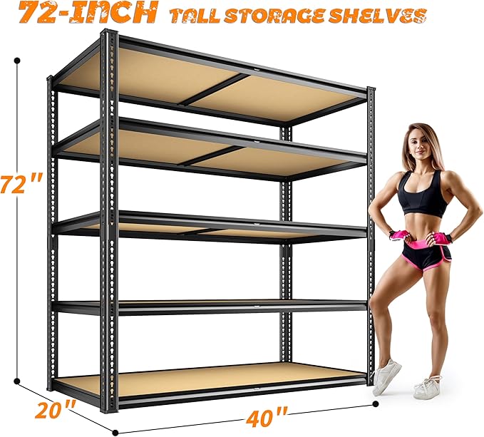 ROOMFAVE 2300LBS Storage Shelves Heavy Duty 5 Tier Garage Storage Shelving, Adjustable Metal Shelving Unit Utility Rack Shelf for Warehouse, Pantry, Closet, 72" H x 40" W x 20" D, Black,2PCS