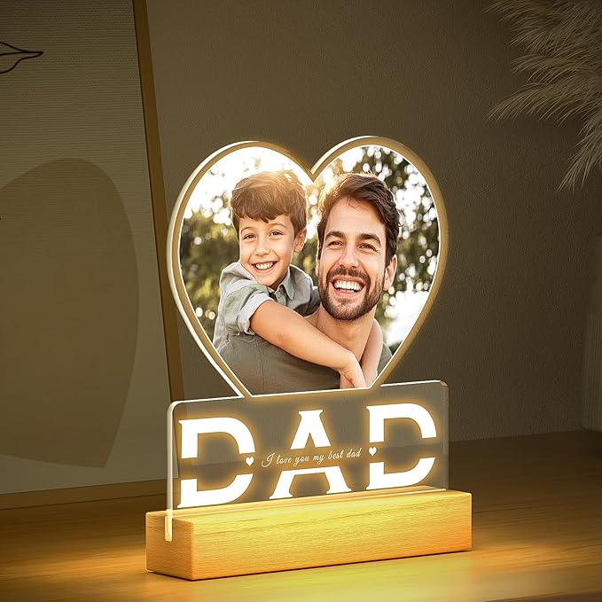 Personalized Dad Gifts for Dad from Daughter Son, Custom Picture Frames with Photo, Customized Photo Frame with Night Light, Personalized Christmas Birthday Gifts for Dad Baby Kid Family