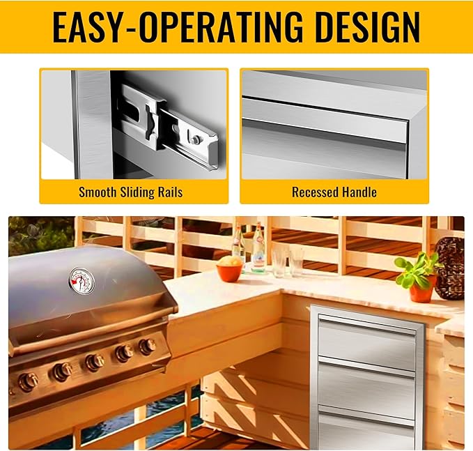 Outdoor Kitchen Drawers Stainless Steel 14W X 21H X 23D Inch, Flush Mount Triple BBQ Island Drawers with Hidden Handle for Outdoor Kitchens, Patio or Grill Station