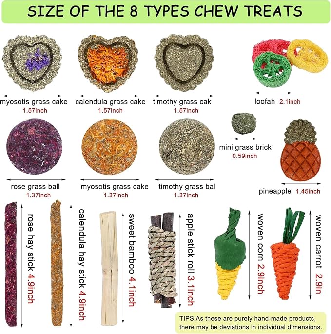 Bunny Toys, 21PCS Rabbit Chew Toys for Teeth, Guinea Pig Natural Treats | Timothy Hay Sticks chew Treats for ChinchillasRabbit, Bunny, Hamsters, Rats, chinehila, Small Animals Teeth Grinding Care