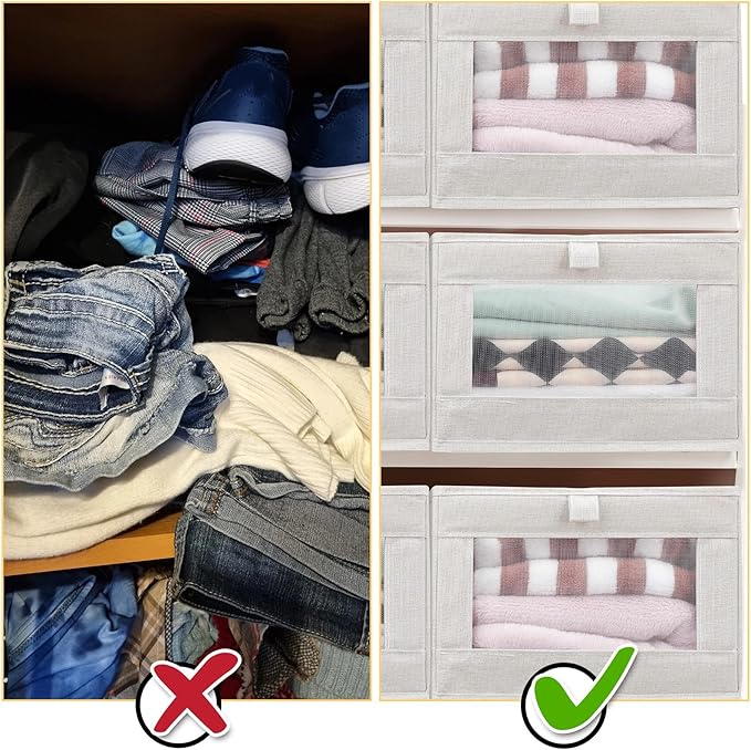 Kigley 12 Pcs Linen Closet Organizers and Storage Foldable Clothing Bins Large Foldable Box with Window Storage Baskets for Closet Shelf Clothes Jeans Toys Organization, Beige