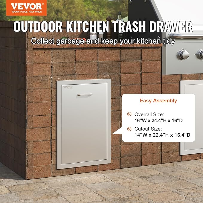 VEVOR Outdoor Kitchen Trash Drawer 16Wx22Hx16"D, Propane Tank Drawer, Stainless Steel Pull Out Trash with Handle, Outdoor Kitchen Cabinets Can Pull Out, BBQ Island Bin, Outside Trash Can Drawer