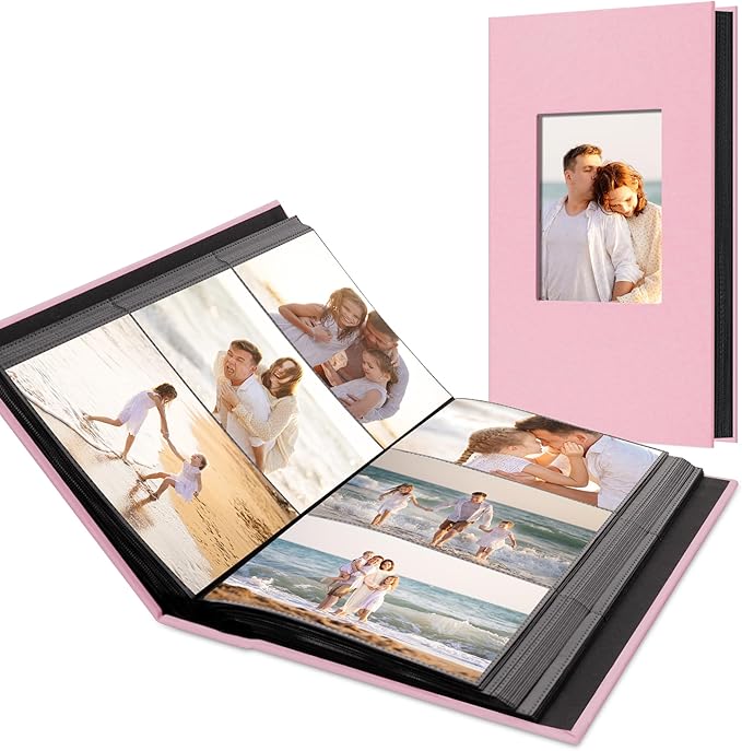 Photo Album Holds 300 Pockets with Linen Cover and Customizable Window, Fits 4x6 Photos, Archival Black Pages, Pink