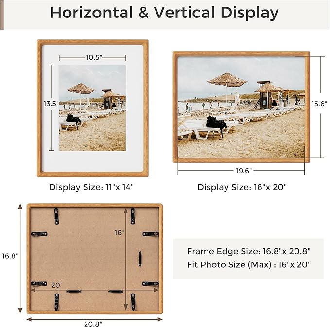Heimlove 16x20 Picture Frames Natural Teak,Original Wood Hand Make Crafted Poster Frame with Mat to 11x14 Graduation Picture Display,Family Picture,Wedding Picture,Photo,Document Wall Mounted