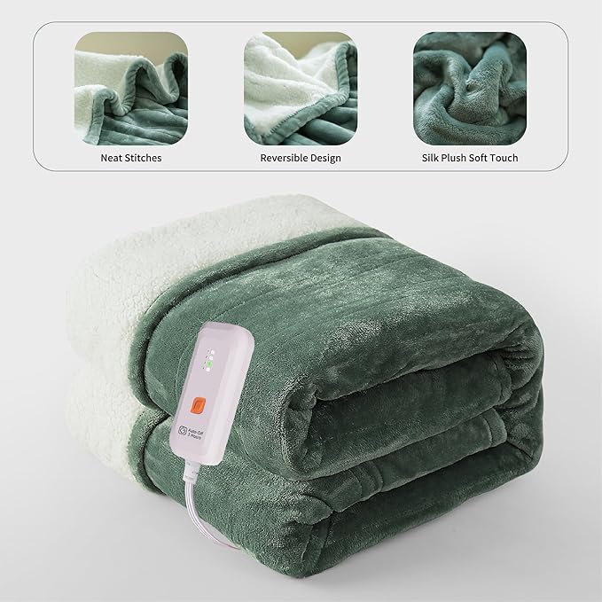 GOTCOZY Heated Blanket Electric Throw 50''X60''- Soft Silky Plush Electric Blanket with 4 Heating Level & 3 Hour Auto Off Heating Blanket, ETL Certified Machine Washable (Green)