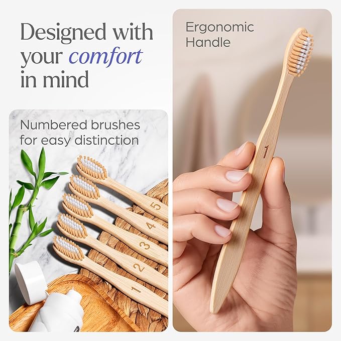 Bamboo Toothbrushes Medium Bristles 10 Pack - BPA Free Medium Bristles Toothbrushes for Adults - Eco-Friendly, Natural Wooden Toothbrush